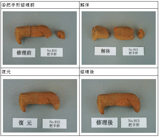 明ヶ島土製品　把手形の修理前、解体、復元、修理後写真