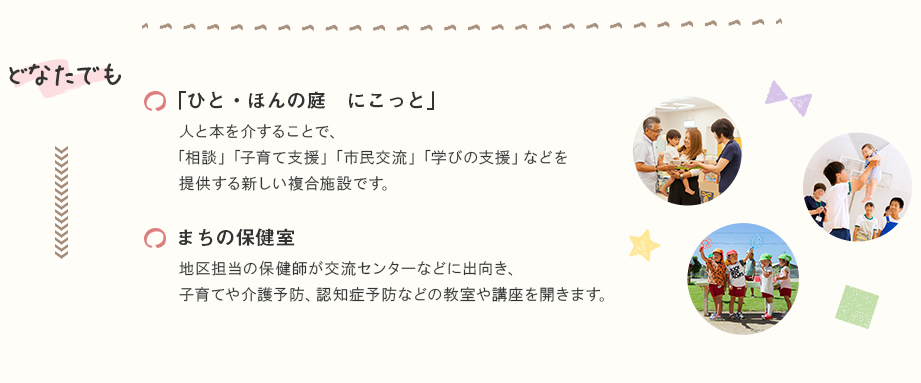 どなたでも　「ひと・ほんの庭　にこっと」　人と本を介することで、「相談」「子育て支援」「市民交流」「学びの支援」などを提供する新しい複合施設です。　まちの保健室　地区担当の保健師が交流センターなどに出向き、子育てや介護予防、認知症予防などの教室や講座を開きます。