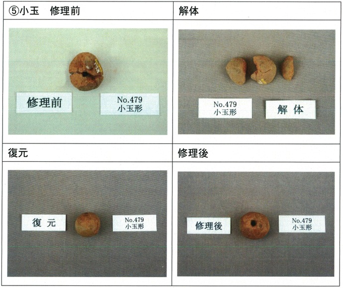 明ヶ島土製品　小玉の修理前、解体、復元、修理後の写真